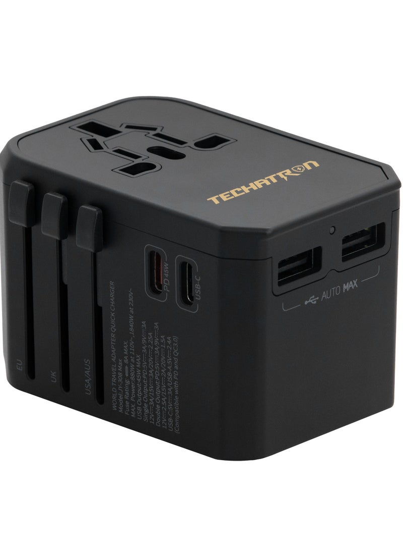TECHATRON - 45W GAN Charger 5-in-1 Universal Travel Adapter (Type C/G/A/I) for US/AU/UK/EU | 2 USB-A, 2 USB-C, 1 AC Socket | European Travel Plug Adapter | International Power Adapter | Black - Image 1