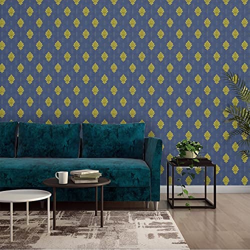 Asian Paints ezyCR8 Blue Damask Design Non-Adhesive Wallpaper for Home & Office, Easy Application, Water Resistant, Dust Proof, PVC Coated, Interior Décor (53cm x 950cm)| (54 sq. ft. per roll) - Image 1