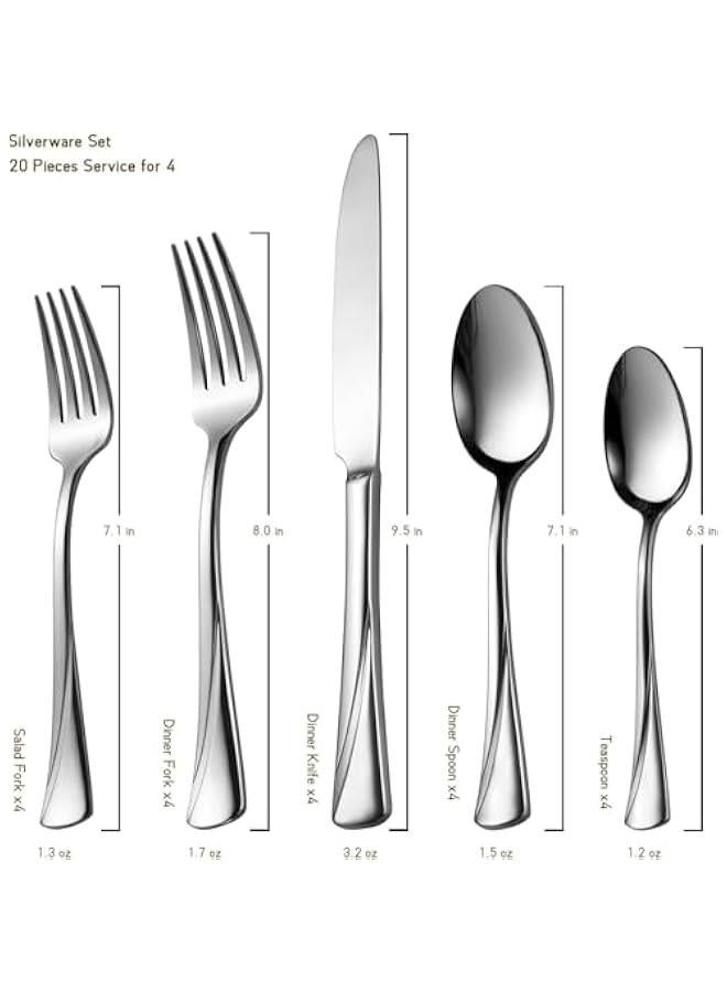 HOOKOR 20-Piece Silverware Set Stainless Steel Flatware Set,Service for 4,Mirror Polished Cutlery Set,Dishwasher Safe (Silver) - Image 4