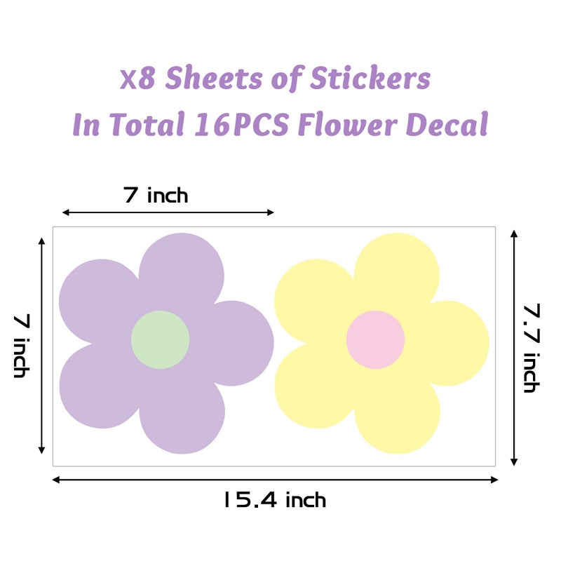 A1diee 16Pcs Danish Pastel Aesthetic Cute Flowers Wall Decal Preppy Hippie Trendy Wall Art Decor Vinyl Peel and Stick Kidcore Aesthetic Retro Colorful Boho Wall Stickers for Girls College Dorm Bedroom - Image 2