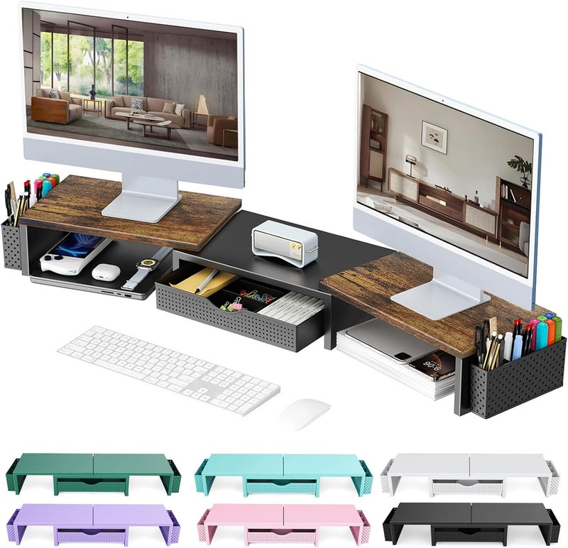 gianotter Dual Monitor Stand Riser, Desk Organizer With Drawer and 2 Pen Holders,Computer Monitor Stand, Desk Shelf for Top of Desk, Wood - Image 1