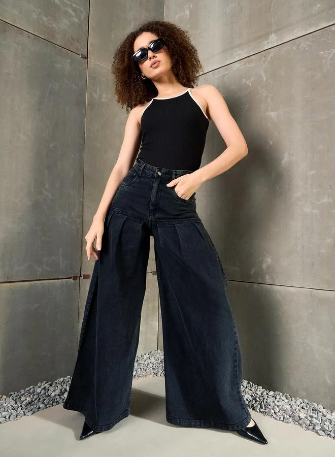 SASSAFRAS Sassafras Black Washed Pleated Flared Jeans