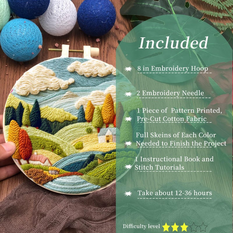 FONNUY Embroidery Kit for Beginners, Nature Hills Landscape Pre-Stamped Pattern Kits for Adults with Hoop, Easy to Follow Color Thread Needlework, 8'' Hoop (Scenic) - Image 2