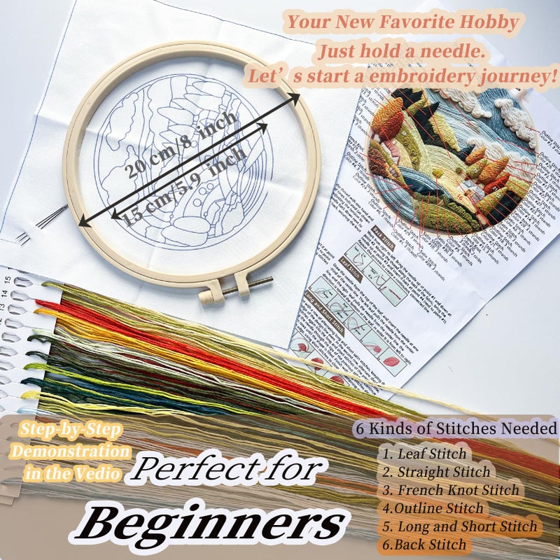 FONNUY Embroidery Kit for Beginners, Nature Hills Landscape Pre-Stamped Pattern Kits for Adults with Hoop, Easy to Follow Color Thread Needlework, 8'' Hoop (Scenic) - Image 5