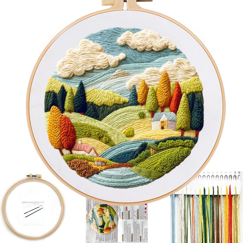 FONNUY Embroidery Kit for Beginners, Nature Hills Landscape Pre-Stamped Pattern Kits for Adults with Hoop, Easy to Follow Color Thread Needlework, 8'' Hoop (Scenic) - Image 1