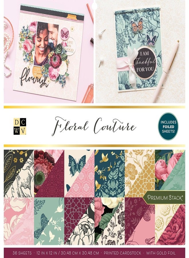 DCWV Printed Cardstock Paper 12x12, 36 Sheets of Scrapbook Paper for Crafts and Card Making, Double Sided Heavy Duty Cardstock with Foil Accents - Floral Couture