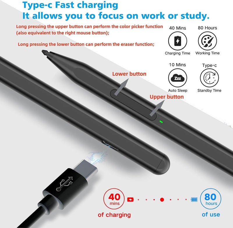 Milikilo Stylus Pen for Microsoft Surface Pro11/10/9/8/X/7+/6/5/4, Surface Go 4/3/2/1, Surface Laptop1-5/Studio/Book 3/2/1 with Eraser Side Button,Palm Rejection,Tilt Function,1024 Pressure - Image 3