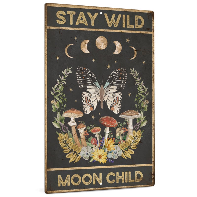 Putuo Decor Mushroom Metal Signs, Retro Hippie Room Decor, Stay Wild Moon Flower Wall Decor for Bedroom, Bathroom, 12 x 8 Inches - Image 1