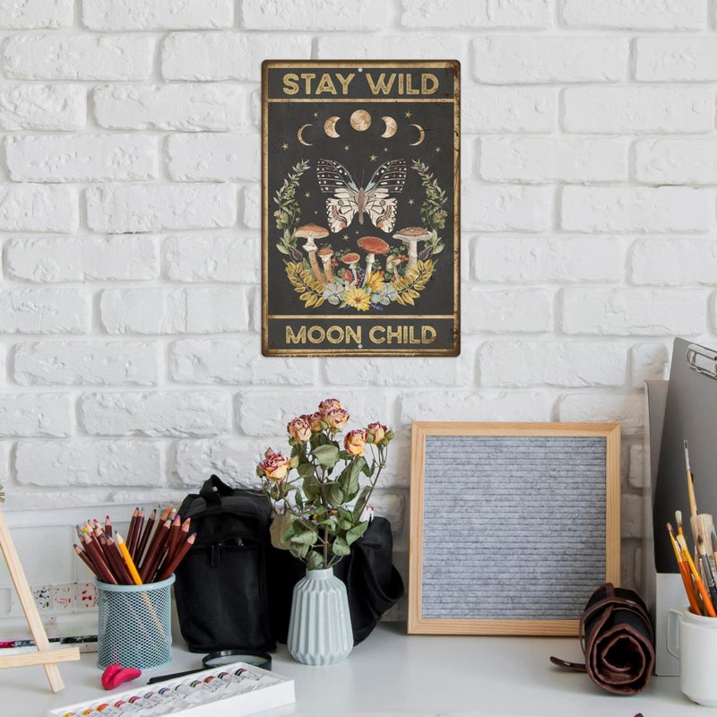 Putuo Decor Mushroom Metal Signs, Retro Hippie Room Decor, Stay Wild Moon Flower Wall Decor for Bedroom, Bathroom, 12 x 8 Inches - Image 2