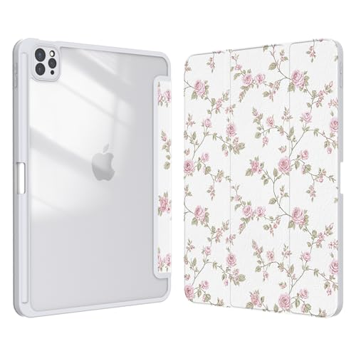 Xkladz Case for iPad Pro 11 inch 4th/ 3rd/ 2nd / 1st Generation (2022/2021/2020/2018), Case with Pencil Holder, Stand Clear Back Cover Cute Cool Design for Women Girls, Auto Sleep/Wake, Pink Flower - Image 1