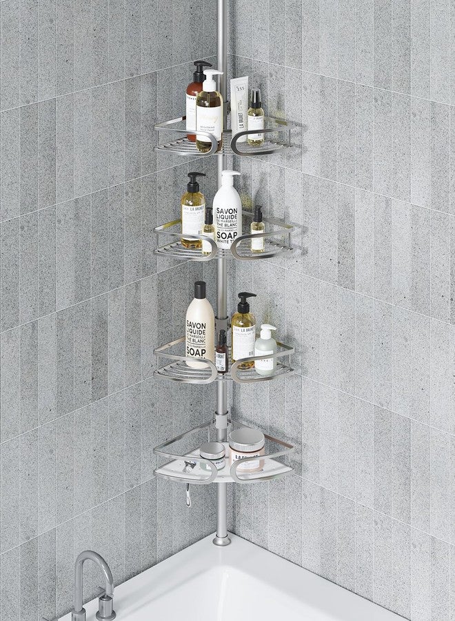 USHOWER Corner Shower Caddy Tension Pole, 4-Tier Aluminum Shower Shelves for Bathtub Shampoo Storage, 51-121 Inch Adjustable Shower Tension Rod Organizer, Silver - Image 1