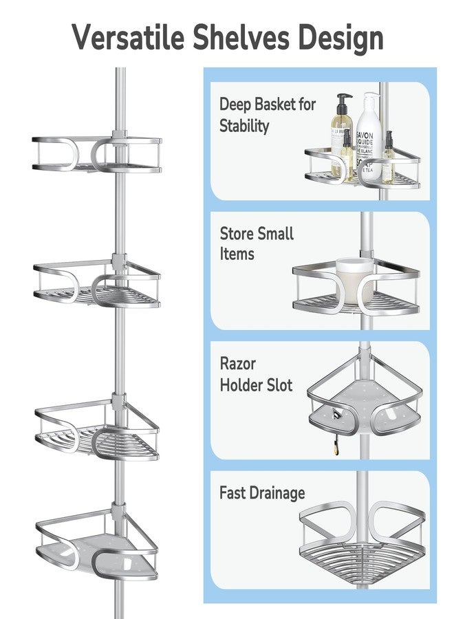 USHOWER Corner Shower Caddy Tension Pole, 4-Tier Aluminum Shower Shelves for Bathtub Shampoo Storage, 51-121 Inch Adjustable Shower Tension Rod Organizer, Silver - Image 4