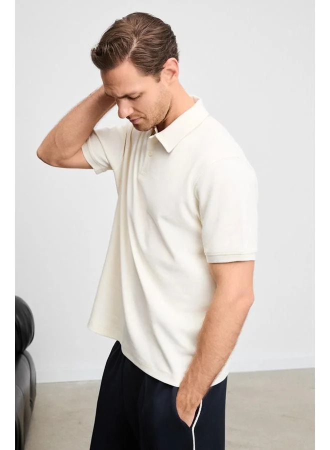 GRIMELANGE MINNUTU Men's Organic Cotton Polo Collar Regular Fit Cream T-Shirt.