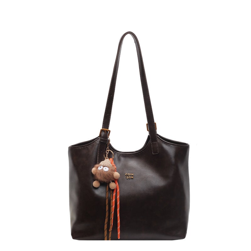 2024 Cross-Border Retro Commuting Bag Womens Large Capacity New Autumn and Winter Shoulder Shopping Bag Casual Tote Bag Brown belt pendant