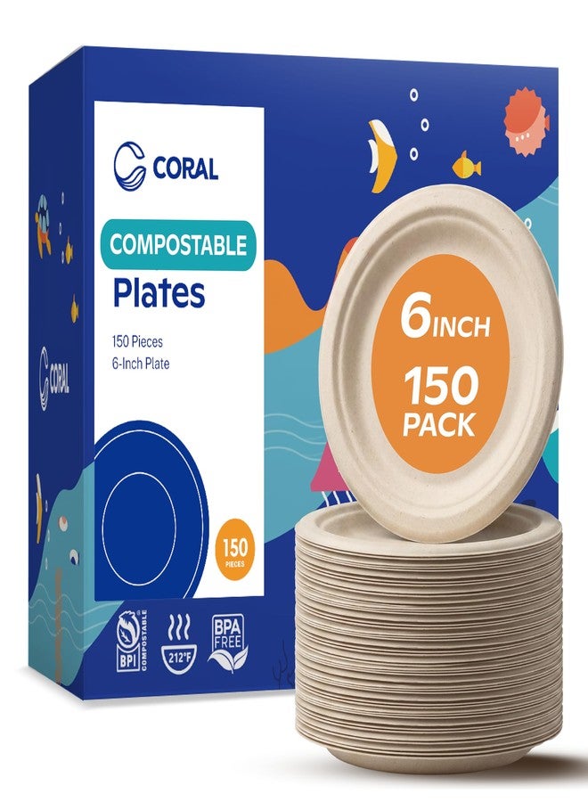 CORAL Compostable Paper Plates 6 Inch, 150 Pack Heavy Duty Disposable Plates, Uncoated Sugarcane Bagasse, Unbleached Brown Dessert Plates, Eco Friendly Biodegradable, Soak Resistant for Cakes & Snacks - Image 1