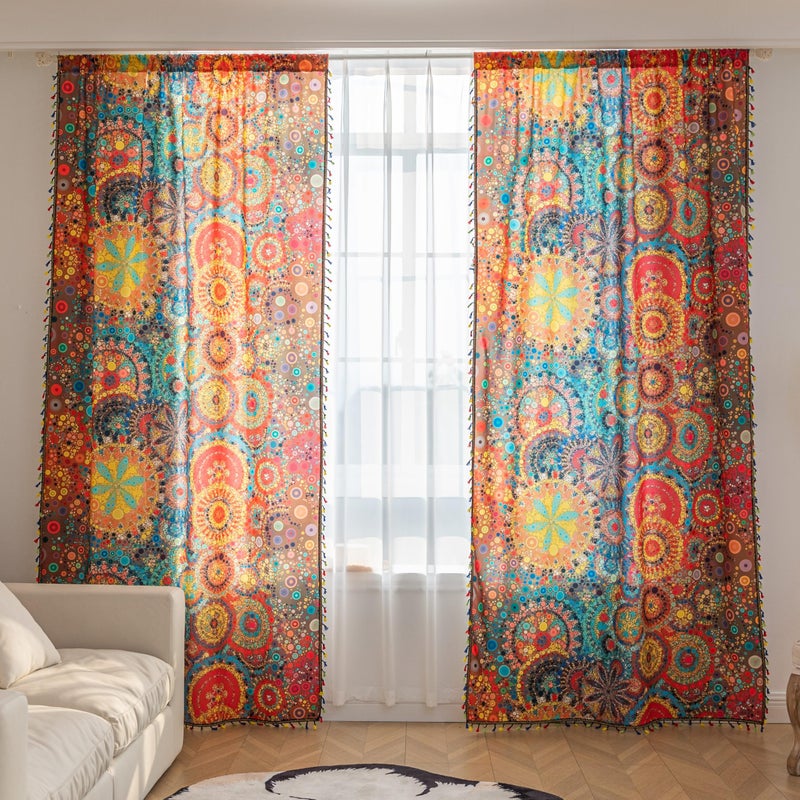 Erbnaryx Boho Curtains Geometric Light Filtering Semi-Blackout Window Curtains 63 Inches Long Rod Pocket Drapes for Living Room 2 Panels-Dot Colorful - Image 2