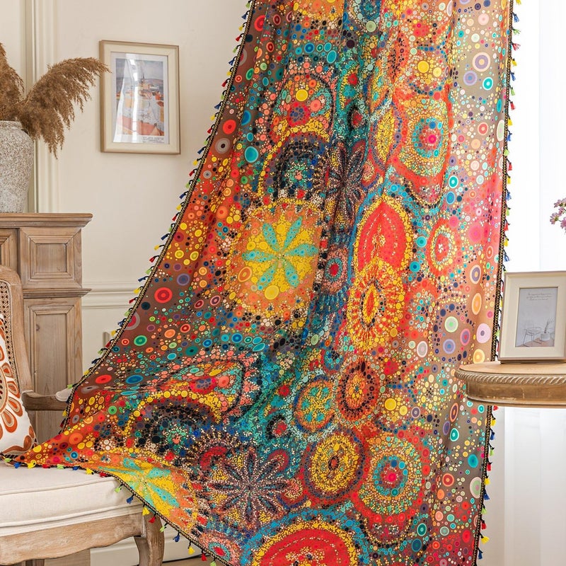 Erbnaryx Boho Curtains Geometric Light Filtering Semi-Blackout Window Curtains 63 Inches Long Rod Pocket Drapes for Living Room 2 Panels-Dot Colorful - Image 1