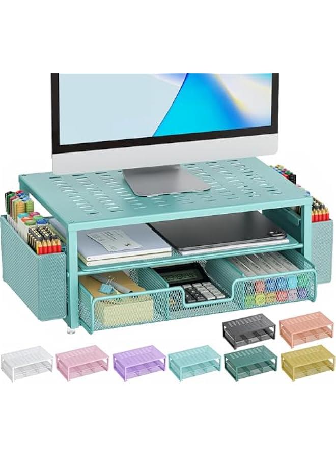 Arabest Desk Organizers and Accessories, Monitor Stand with Drawer and 2 Pen Holder, Desktop Organizer Suitable for Offices and Dormitories (Blue)  - Image 1
