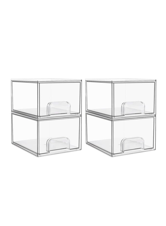 4 PACK CLEAR STACKABLE STORAGE BINS, 11CM TALL ACRYLIC BATHROOM MAKEUP ORGANIZER,PLASTIC STORAGE BOX FOR VANITY, UNDERSINK, KITCHEN CABINETS, PANTRY, HOME ORGANIZATION