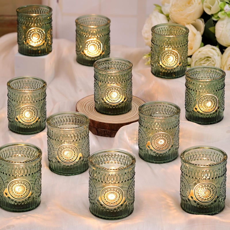 DARJEN Green Votive Candle Holders Set of 36 Glass Candle Holders Bulk for Flameless LED Tea Waxes Tea Light Candle Holder for Wedding  Home Table Decor Vintage Parties Gifts