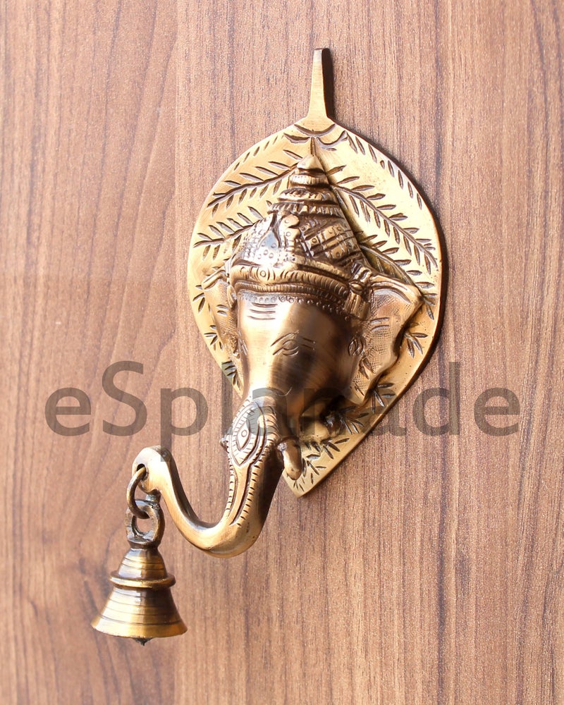 eSplanade - Ganesha Ganesh Ganpati Face Brass Wall Hanging with Bell - Home Decor | Door Decor | Door Knocker | 7" Inches - Image 2