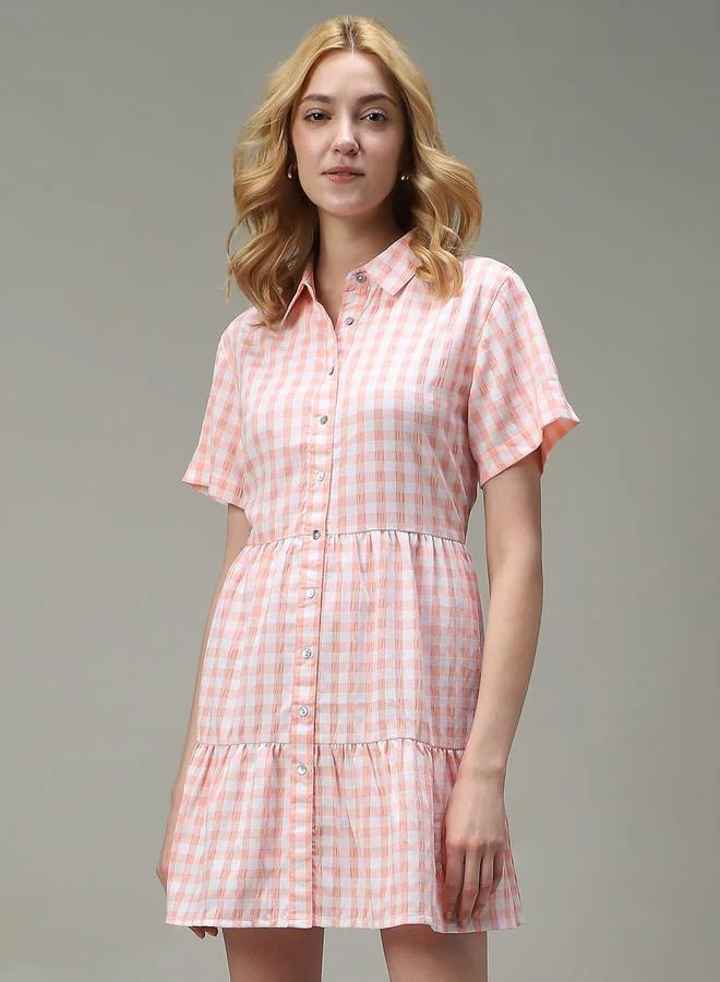 OUTZIDR Peach Checkered Tiered Dress