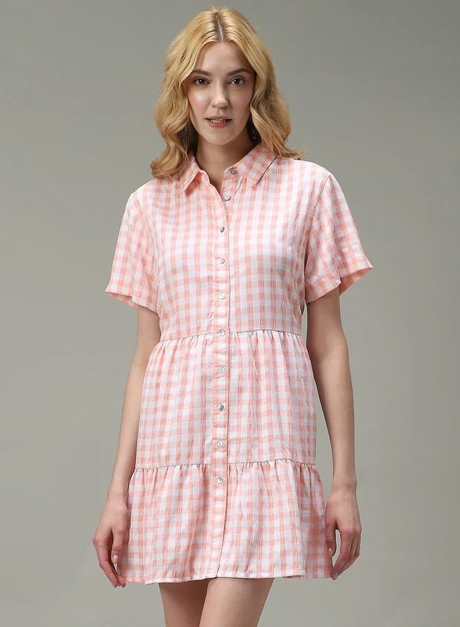 OUTZIDR Peach Checkered Tiered Dress