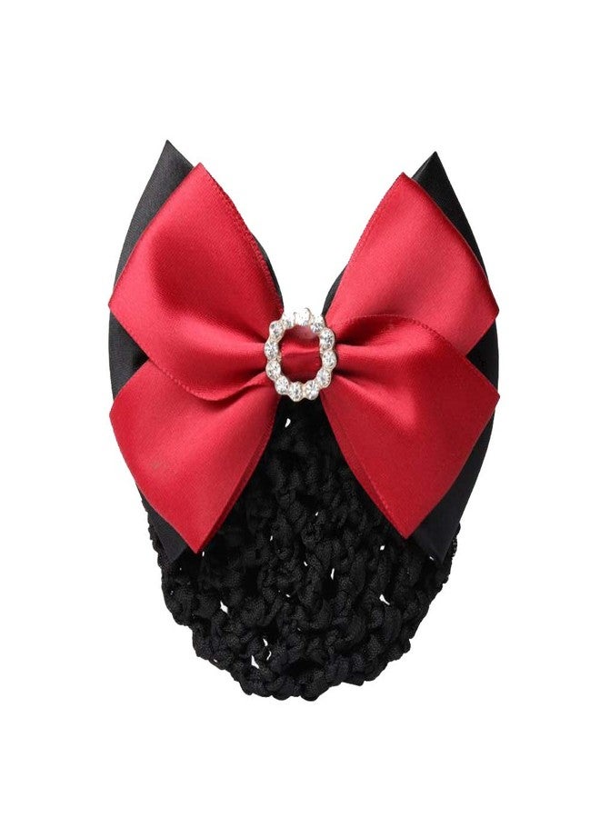 Natuworld 1Pcs Red Rhinestone Satin Bow Barrette Bowknot Snood Net Barrette Hair Clip Bun Cover Hairnet Bowknot Decor French Hair Clip Women ladies Girls Hair Accessories - Image 1