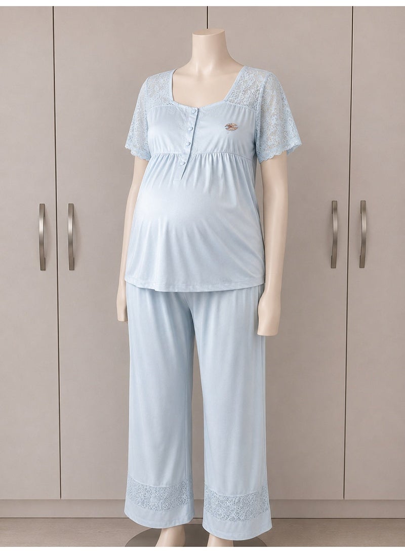 LADY Maternity & Nursing Pajama Set for Women - 2 Piece Turkish Cotton Sleepwear with Elegant Lace Details - Image 1