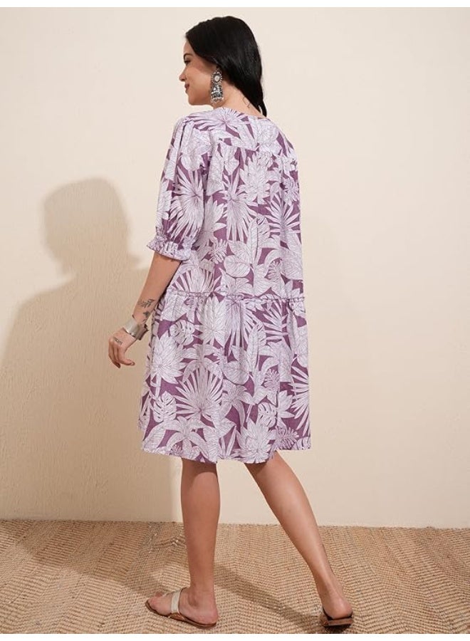 Vishudh Women's Casual Dress | Comfortable Everyday Wear for All Occasions | Chic & Versatile Fashion for Women MAUVE white  cotton M - Image 3