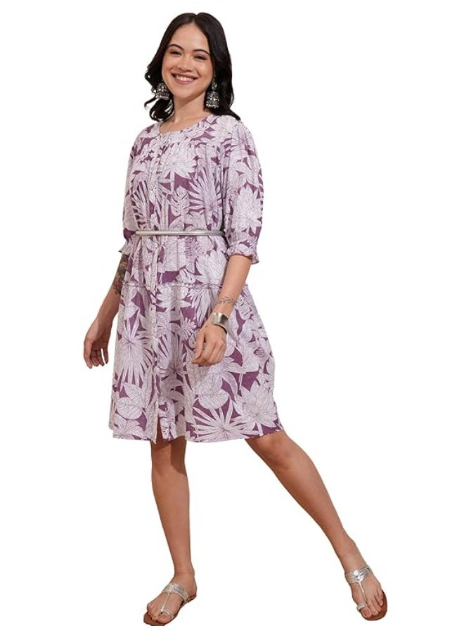 Vishudh Women's Casual Dress | Comfortable Everyday Wear for All Occasions | Chic & Versatile Fashion for Women MAUVE white  cotton M - Image 1