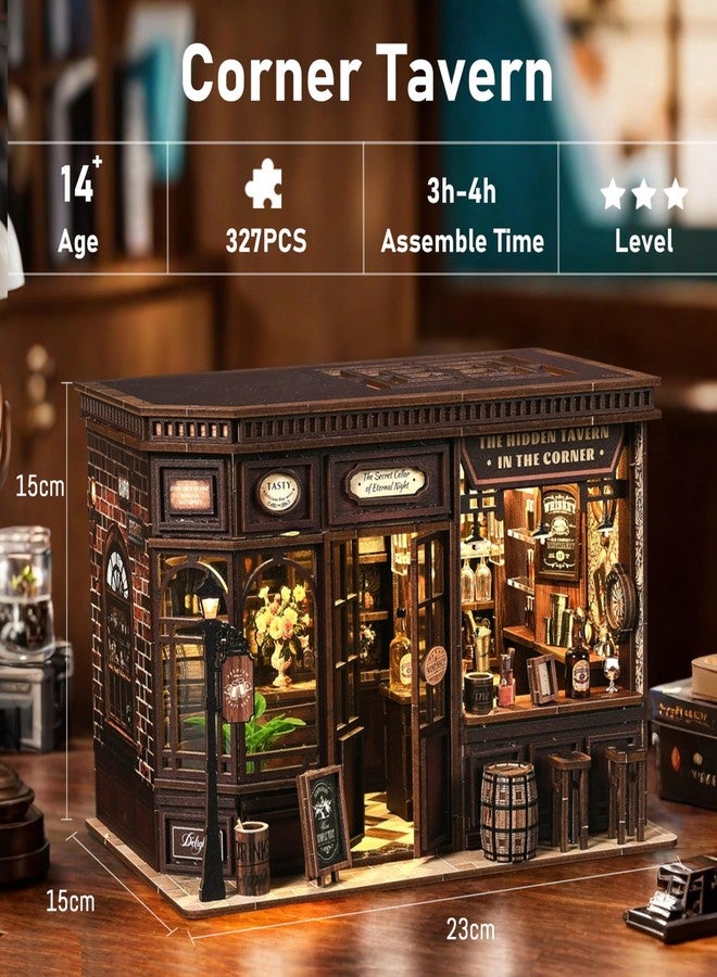 ISSEVE Book Nook Kit - DIY Miniature House Kit for Adults, Teens and Beginners, Corner Tavern Dollhouse Booknook Tiny House Bookshelf Decor 3D Wooden Puzzle, Gifts for Friends Family (Corner Tavern) - Image 2