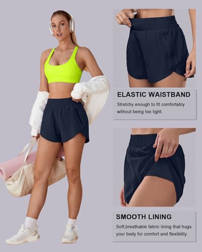 BMJL Women's Running Shorts Elastic High Waisted with Pockets, 2.5" Sporty Workout Quick Dry Athletic Shorts(L,DarkBlue) - Image 4