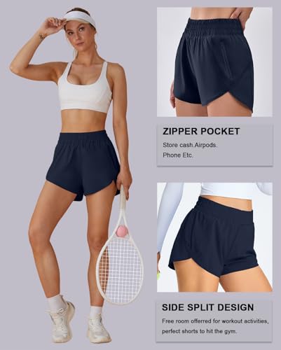 BMJL Women's Running Shorts Elastic High Waisted with Pockets, 2.5" Sporty Workout Quick Dry Athletic Shorts(L,DarkBlue) - Image 5