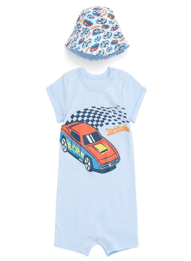 Hot Wheels Newborn Baby Boys Romper and Bucket Sun Hat Outfit Set Pastel Blue 3-6 Months - Image 1