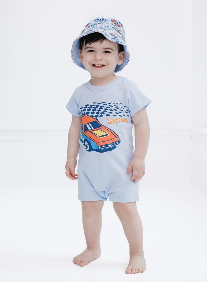 Hot Wheels Newborn Baby Boys Romper and Bucket Sun Hat Outfit Set Pastel Blue 3-6 Months - Image 2