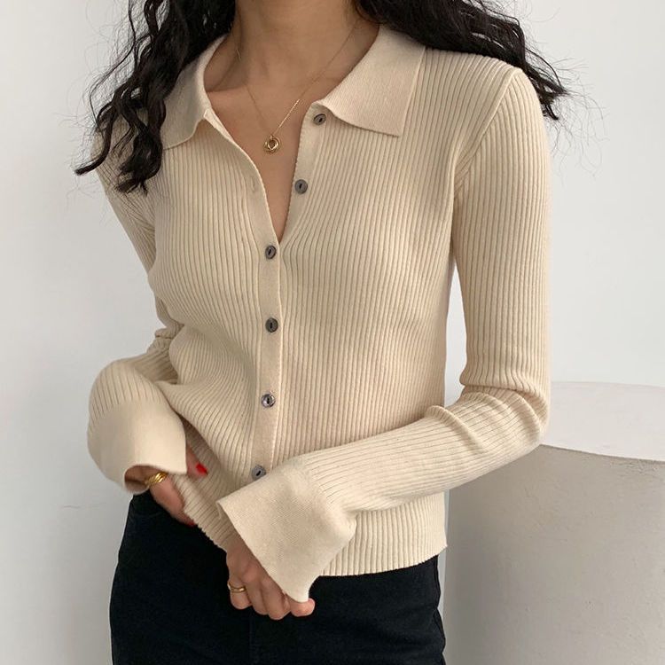 Lapel sweater womens retro solid color autumn thin short POLO collar simple cardigan outer bottoming shirt top Black - Image 3