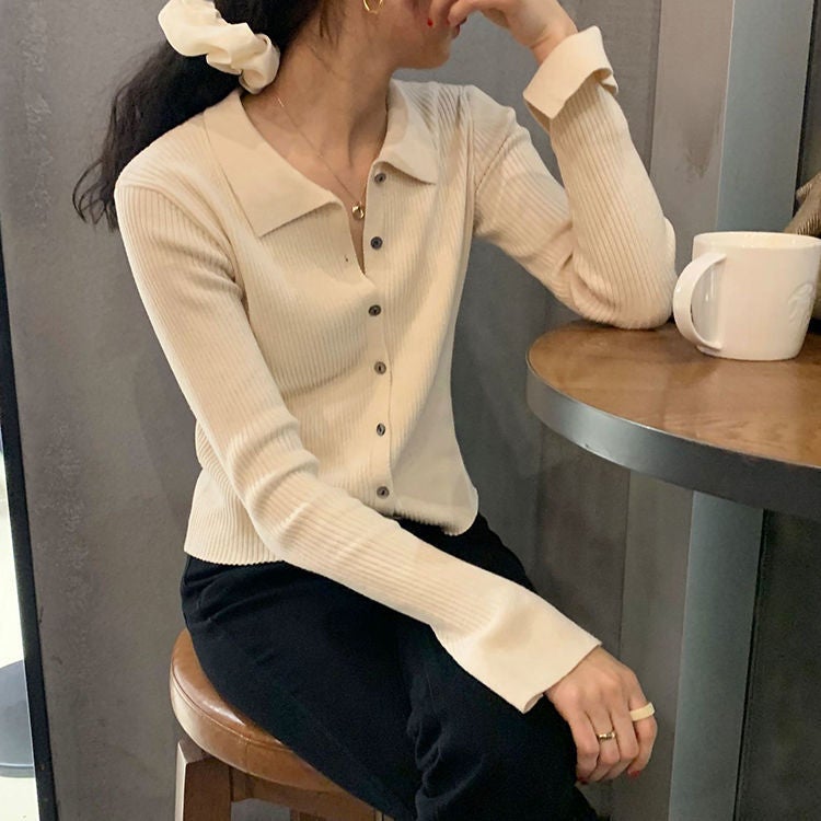 Lapel sweater womens retro solid color autumn thin short POLO collar simple cardigan outer bottoming shirt top Black - Image 2