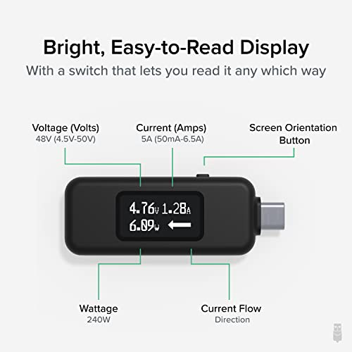 Plugable USB C Power Meter Tester for Monitoring USB-C Connections up to 240W - Digital Multimeter Tester for USB Type C Cables, Laptops, Phones, Chargers - Driverless - Image 3