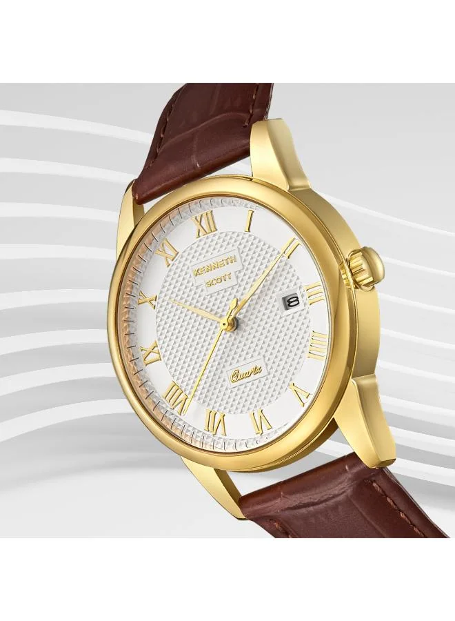KENNETH SCOTT Ivory Men's Leather Analog Watch K23030-GLDI - 40x49 mm for Men | Best Price UAE