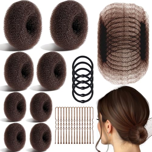 TsMADDTs Bun Maker and Hair Nets Set Hair Accessory Set with 8 Bun Makers for Women 10 Brown Invisible Nets 5 Elastic Bands and 40 U Bobby Pins for Ballet Dance - Image 1