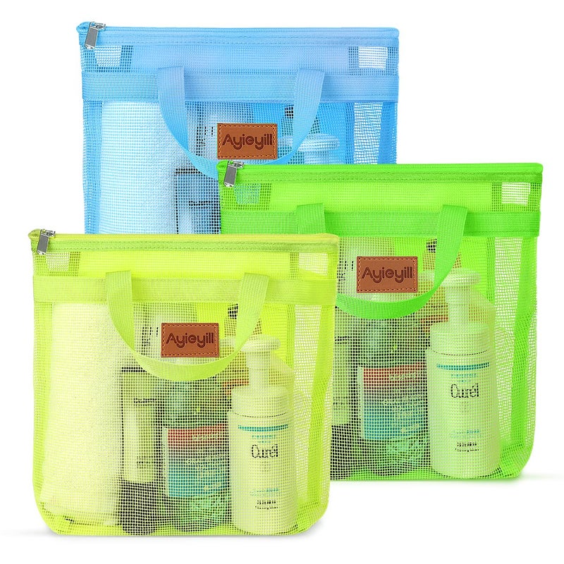 A.DASHER 3 Pcs Portable Mesh Shower Caddy Tote, Quick Dry Tote Bag Mesh Beach Bags for Women, Hanging Toiletry and Bath Organizer for Travel Swimming Sports Gym Camp Shopping College Dorms (Black Gray D Blue) - Image 1