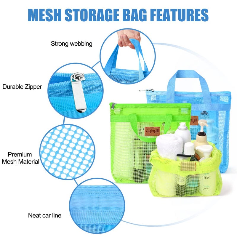 A.DASHER 3 Pcs Portable Mesh Shower Caddy Tote, Quick Dry Tote Bag Mesh Beach Bags for Women, Hanging Toiletry and Bath Organizer for Travel Swimming Sports Gym Camp Shopping College Dorms (Black Gray D Blue) - Image 3