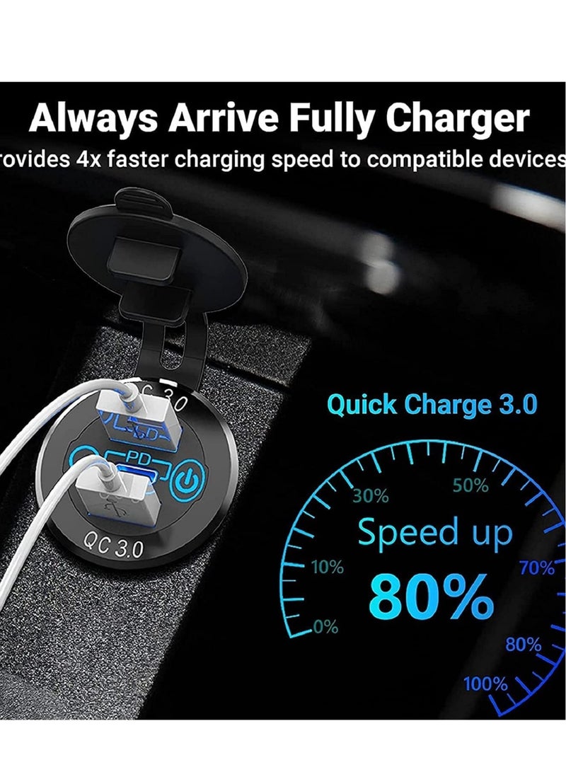 SYOSI Car Charger Socket, 12V/24V Triple USB Outlet 20W PD & 18W QC3.0 Aluminum Metal with Touch Power Switch, Fast Charge Adapter for Boat Marine RV Golf Cart Motorcycle - Image 3