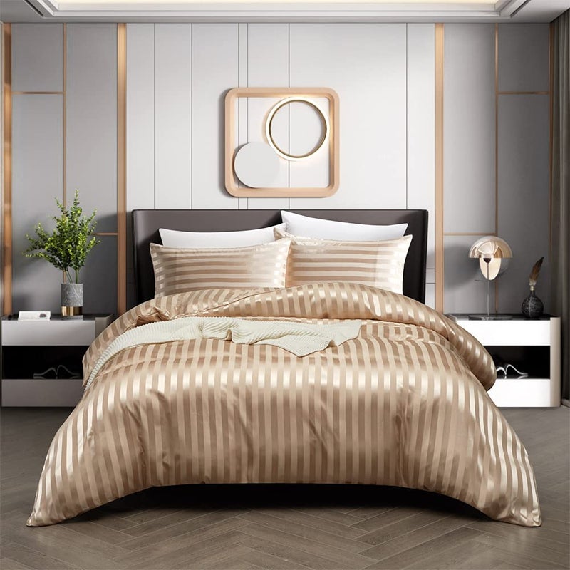 RevenRella 3 Piece Satin Duvet Cover Set Bedding Sets Italian Style 1800 Series Luxury Rich Silk Silky Super Soft Stripes Hidden Zipper Closure Reversible Wrinkle Free HoneymoonTaupe Queen
