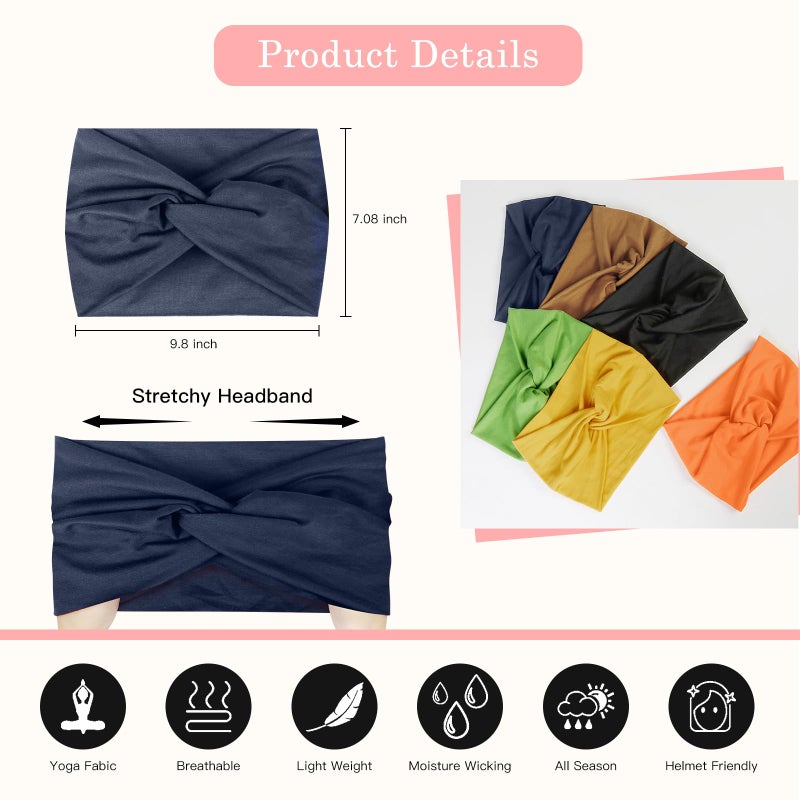 Tobeffect Extra Wide Turban Headbands for Women, 7'' Large Hairbands Boho Colorful Headband Twisted Knot Hair Accessories, 6 Pack - Image 2