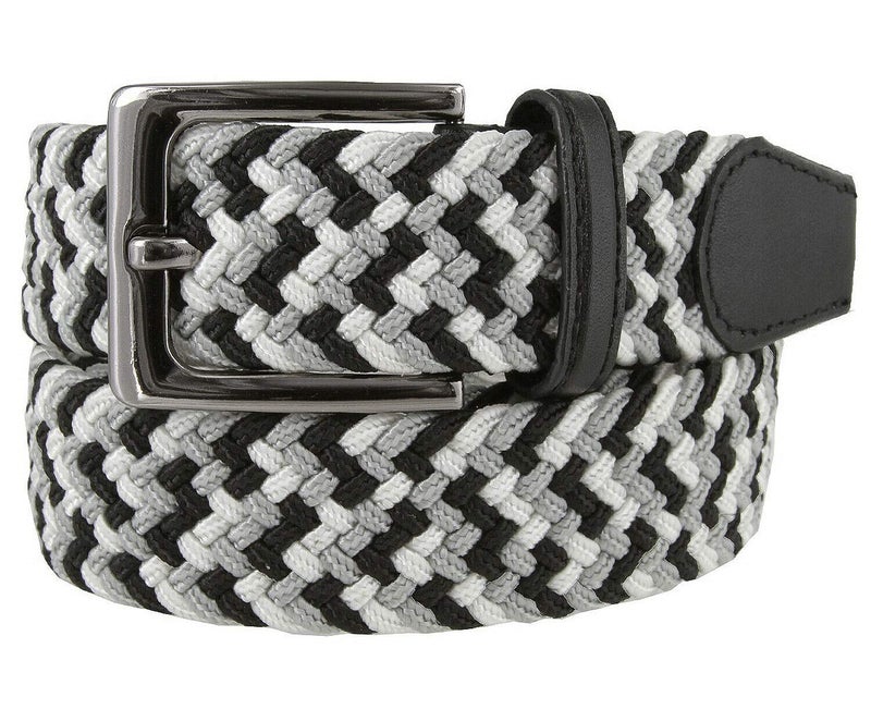 Belts.com Braided Elastic Stretch Belt Casual Weave Canvas Fabric Woven Belt 1-3/8" (GRY/WHT/BLK, M) - Image 1