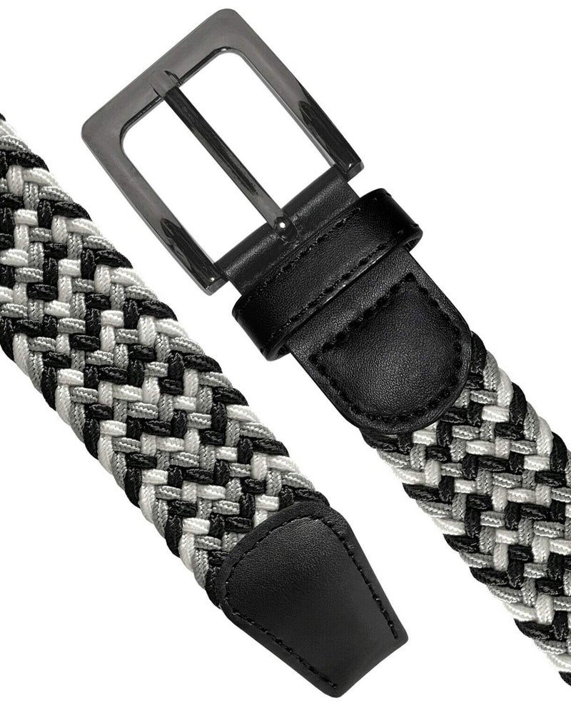 Belts.com Braided Elastic Stretch Belt Casual Weave Canvas Fabric Woven Belt 1-3/8" (GRY/WHT/BLK, M) - Image 2