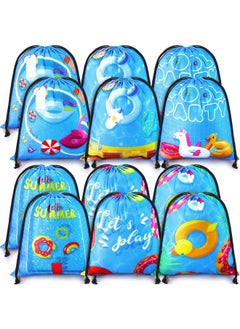 BOAO 12 Pcs Summer Pool Party Bags Drawstring Beach Bag Goody Favor Gift Bags Beach Shark Tropical Theme Party Supplies For Luau Hawaiian Pool Wedding Birthday Party Candy Goodie Teens Kids (Pool Style)  - Image 1