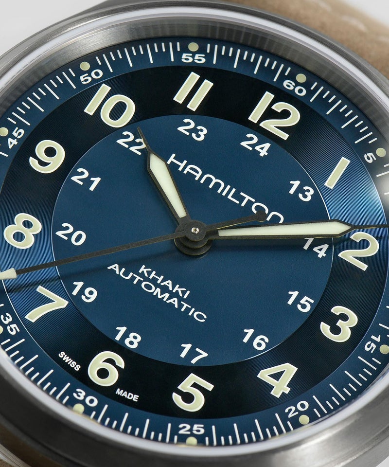 Hamilton Watch Khaki Field Titanium Auto | Swiss Made | 42mm Titanium Case | Blue Dial Analog Watch | Brown Leather Strap (Model: H70545540) - Image 2